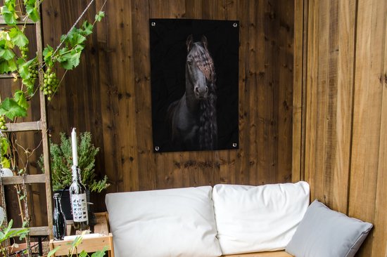 Portrait d'un cheval frison sur fond noir affiche de jardin toile en vrac 60x90 cm - Toile de jardin / Toile d'extérieur / Peintures d'extérieur (décoration de jardin)