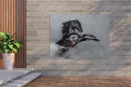 Muurdecoratie buiten Paard - Rook - Zwart - 160x120 cm - Tuindoek - Buitenposter