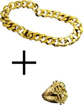 SET: Dikke brede gouden ketting halsketting met grote schakels + ring dollar teken | Pooier | Kamping Kitch outfit | Carnaval accessoire | Foute Party | Hip-Hop | Pimp Ketting | Marginale verkleedkledij | 80's 90's | New Kids Maaskantje | Retro