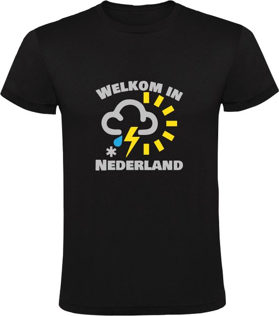 Foto: Welkom in nederland heren t shirt slecht weer weerbericht weervoorspelling holland regen zon bliksem sneeuw bewolking shirt