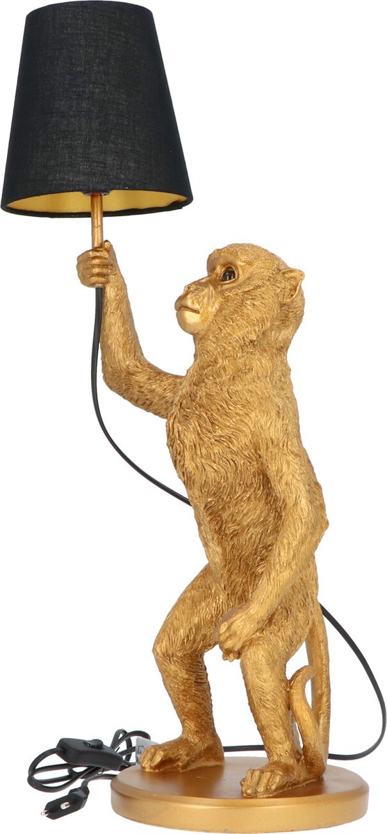 Luxe Gouden Tafellamp Monkey - Lamp Aap met Kap zwart 30x60 cm - Goud