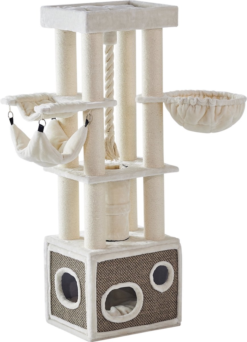 Nobby Krabmeubel Lilian – Krabpaal – Huisje – XXL – Touw – Hangmat – Creme – Beige – Grote Kat – Zware Kat – Maine Coon – 60 X 50 X 185 CM