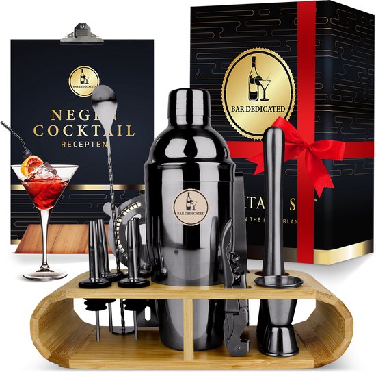 Bar Dedicated Cocktail shaker Set - 16 Delig Zwart - Met Nederlandstalig Receptenboek - Cadeau