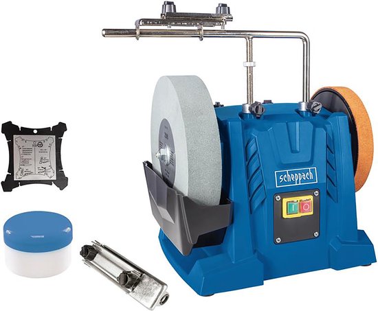 Blauwe natte slijpmachine met grijze steen, bruine polijstwiel en accessoires.