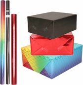 9x Rollen kraft inpakpapier regenboog pakket - regenboog/metallic rood/zwart 200 x 70/50 cm - cadeau/verzendpapier
