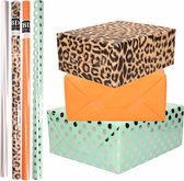 8x Rollen transparante folie/inpakpapier pakket - panterprint/oranje/mintgroen met zilveren stippen 200 x 70 cm - dierenprint papier