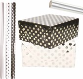 6x Rouleaux de papier d'emballage de luxe transparent/aluminium paquet argent/points dorés - blanc/noir 200 x 70 cm - cellophane/cadeau/papier cadeau