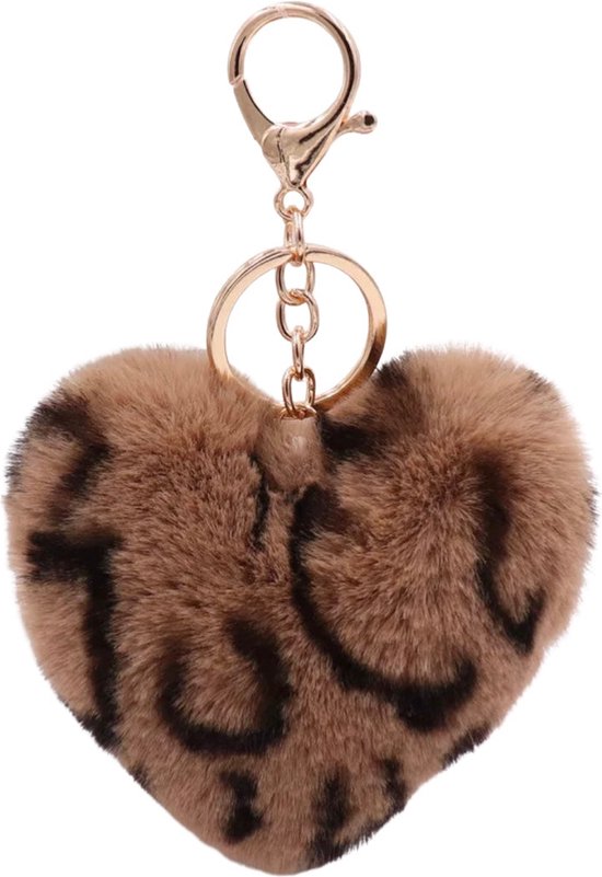Porte-clés peluche coeur imprimé léopard pendentif de sac beige marron L 10,5 x L 14,5 cm