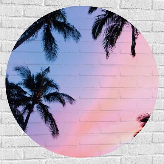 WallClassics - Muursticker Cirkel - Silhouet van Palmbomen bij Pastekleuren in de Lucht - 100x100 cm Foto op Muursticker