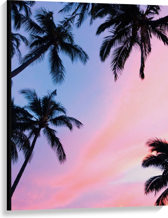 WallClassics - Canvas  - Silhouet van Palmbomen bij Pastekleuren in de Lucht - 75x100 cm Foto op Canvas Schilderij (Wanddecoratie op Canvas)