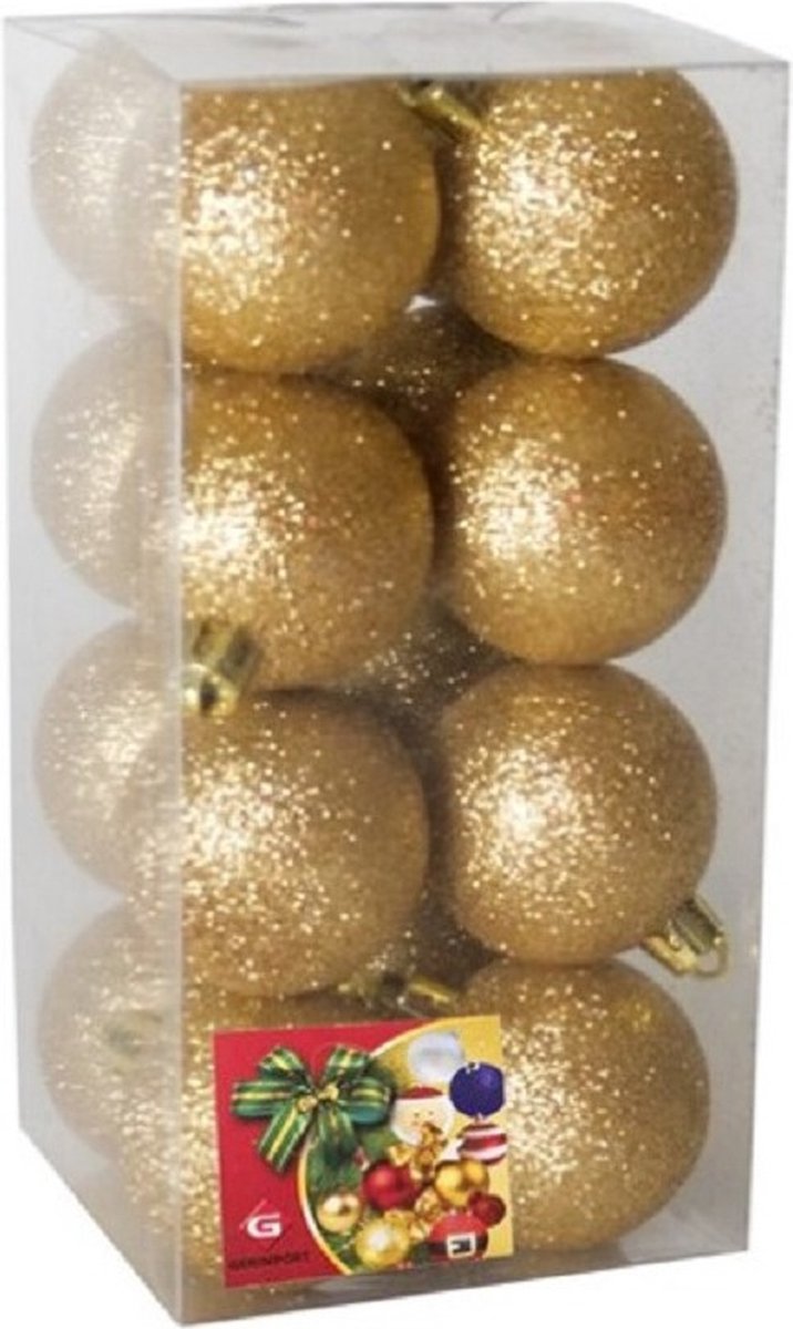 Gerim Kerstballen - 16 stuks - goud - glitters - D5 cm - kunststof - kerstversiering