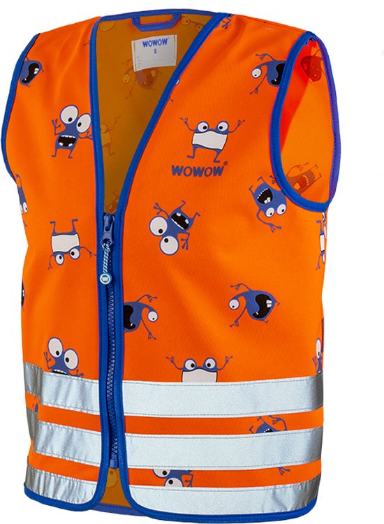 Oranje fluo hesje voor kinderen met blauwe rand en zilveren reflectoren. Bedrukt met grappige blauwe monsterfiguurtjes.
