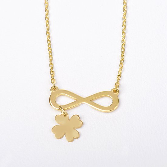 MeYuKu- Sieraden- 14 karaat gouden ketting met infinity en klavertjevierhanger