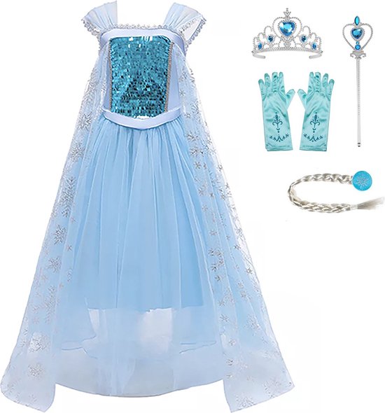 Prinsessenjurk meisje - Prinsessen speelgoed - maat 146/152 (150) - Tiara - Kroon - Toverstaf - Handschoenen - Juwelen - Verkleedkleren Meisje - Prinsessen Verkleedkleding - Carnavalskleding Kinderen - Blauw - Cadeau Meisje