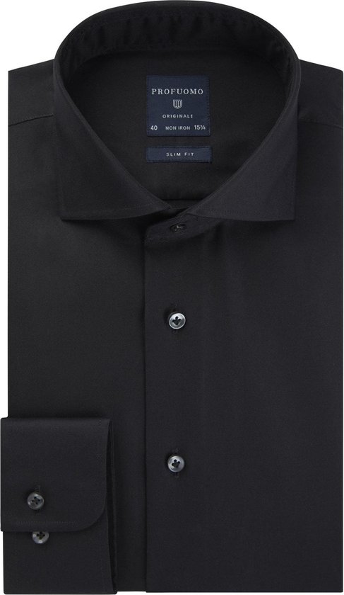 Profuomo slim fit overhemd - fine twill - zwart - Strijkvrij - Boordmaat: 40