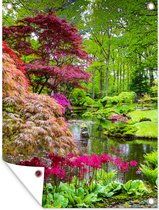 Muurdecoratie buiten Bomen - bloemen - Japans - Natuur - Water - 120x160 cm - Tuindoek - Buitenposter