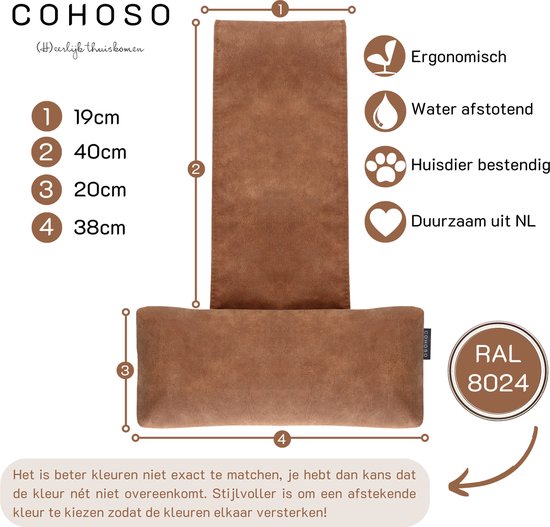 Bruin, suède-achtig nekrolkussen met afmetingen en producteigenschappen: ergonomisch, waterafstotend, huisdiervriendelijk, duurzaam uit NL.