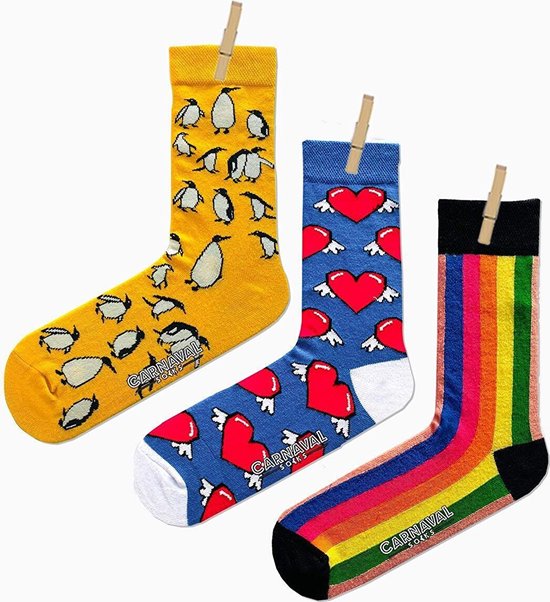 3 Paar Sokken - Pinguin Sokken - Regenboog Sokken - Gift Box - Katoen - Kleurrijke Sokken - Kerstcadeau - Christmas Gift - Maat 37-44 - Vrolijke Sokken - Hartjes Sokken - Regenboog -