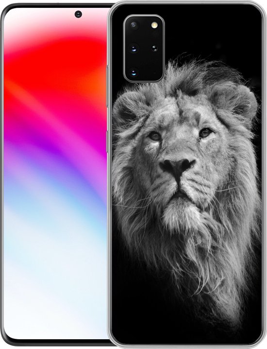Telefoonhoesje Geschikt voor Samsung Galaxy S20 Plus hoesje - Aziatische leeuw tegen zwarte achtergrond in zwart-wit - Siliconen Telefoonhoesje Telefoonhoesje