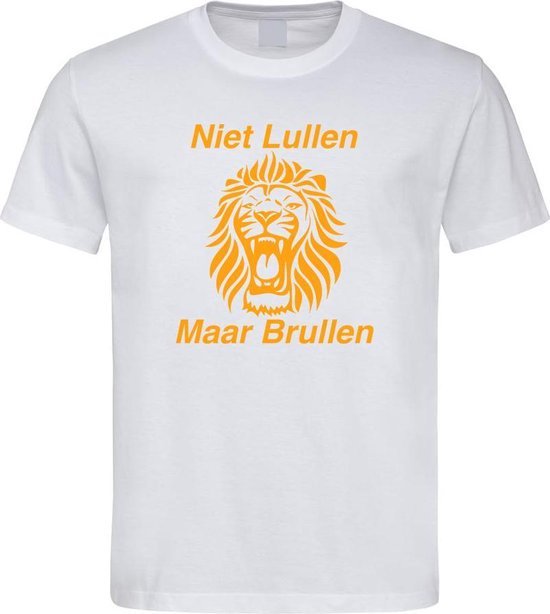 Wit WK 2022 voetbal T-shirt met “ Niet Lullen Maar Brullen “ print Oranje maat XXXXXL