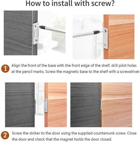 Installatiegids met schroeven: bevestig de magneet aan de plank en de plaat aan de deur.