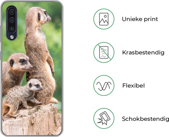 Telefoonhoesje Geschikt voor Samsung Galaxy A50 hoesje - Stokstaartjes - Boomstronk - Jong - Siliconen Telefoonhoesje Telefoonhoesje