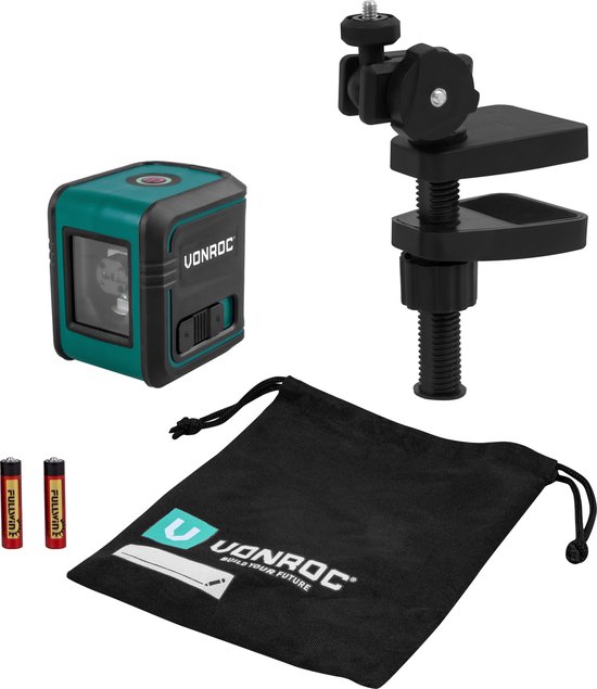 VONROC kruislijnlaser met bevestigingsbeugel, opbergtas en twee batterijen.