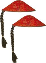 2 x Chapeau de déguisement asiatique/chinois rouge avec galon - Carnaval