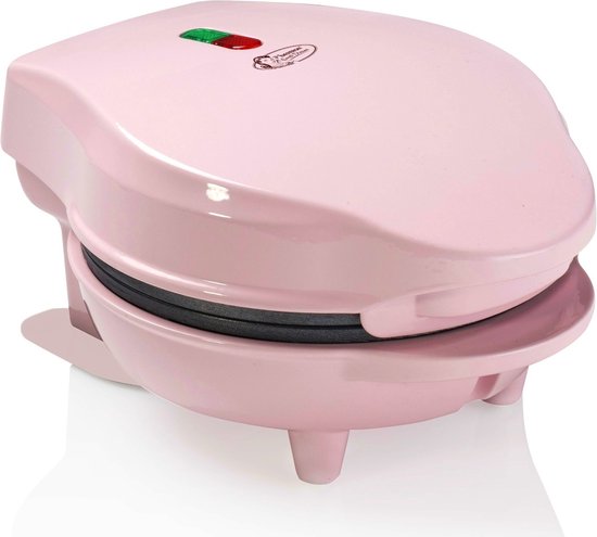 Roze, gesloten Bestron wafelijzer met groene en rode indicatielampjes.