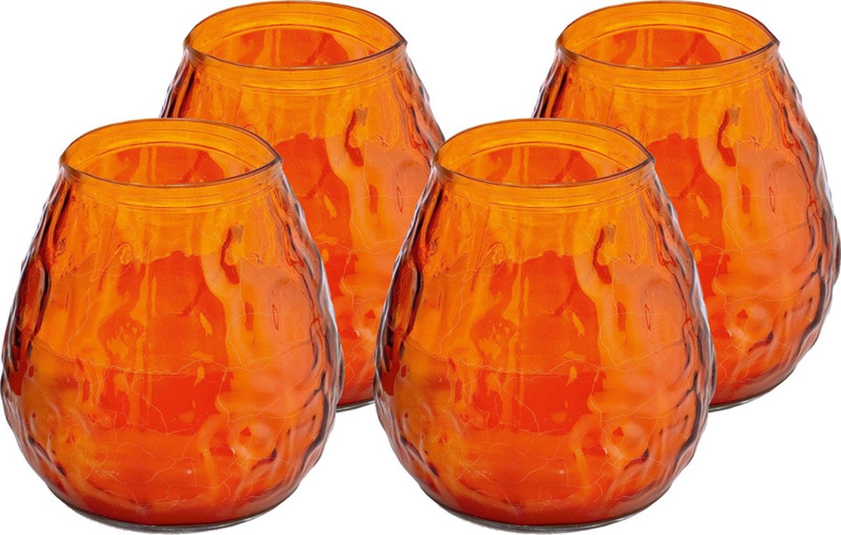 Trend Candles Windlicht kaars - 4x - oranje - 48 branduren - Glas - 10 x 10 cm - Terraskaarsen/tuinkaarsen