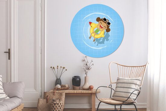 Cercle mural Illustration enfant Nager aluminium - Illustration enfant fille dans piscine Cercle mural aluminium - ⌀ 120 cm - tableau rond - tirage photo sur aluminium / dibond / cercle mural / cercle vivant / cercle jardin (décoration murale) XXL /