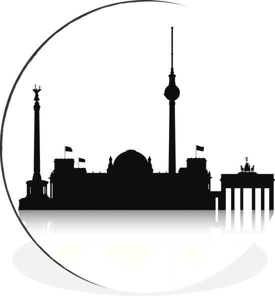 WallCircle - Wandcirkel - Muurcirkel - Zwart-wit illustratie met de silhouetten van Berlijnse bezienswaardigheden - Aluminium - Dibond - ⌀ 60 cm - Binnen en Buiten