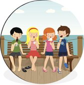 WallCircle - Wandcirkel - Muurcirkel - Een illustratie van kinderen op een pier - Aluminium - Dibond - ⌀ 90 cm - Binnen en Buiten
