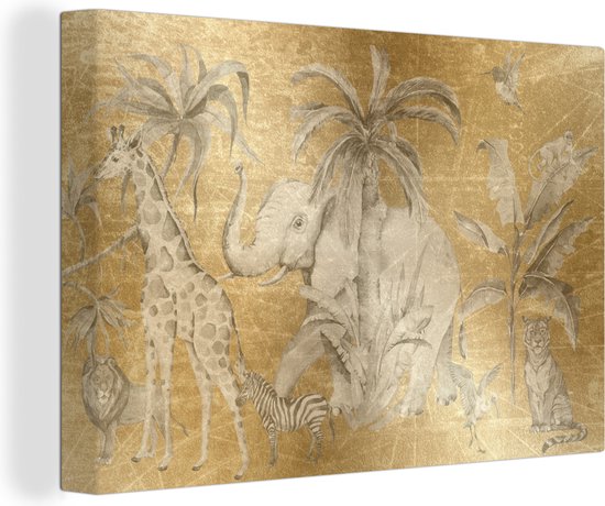 Canvas - Kinderen - Kinderkamer - Goud - Dieren - Olifant - Giraffe - Boom - Canvas schilderij - Schilderijen op canvas - 90x60 cm