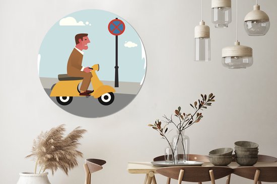 Illustration d'un homme sur une Vespa Wall cercle aluminium ⌀ 120 cm - tirage photo sur cercle mural / cercle vivant / cercle jardin (décoration murale) XXL / Groot format!