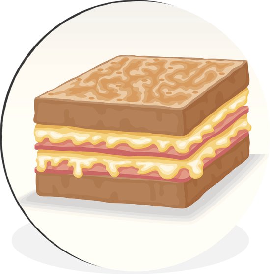WallCircle - Wandcirkel - Muurcirkel - Een illustratie van een dubbele tosti met ham en kaas - Aluminium - Dibond - ⌀ 120 cm - Binnen en Buiten XXL
