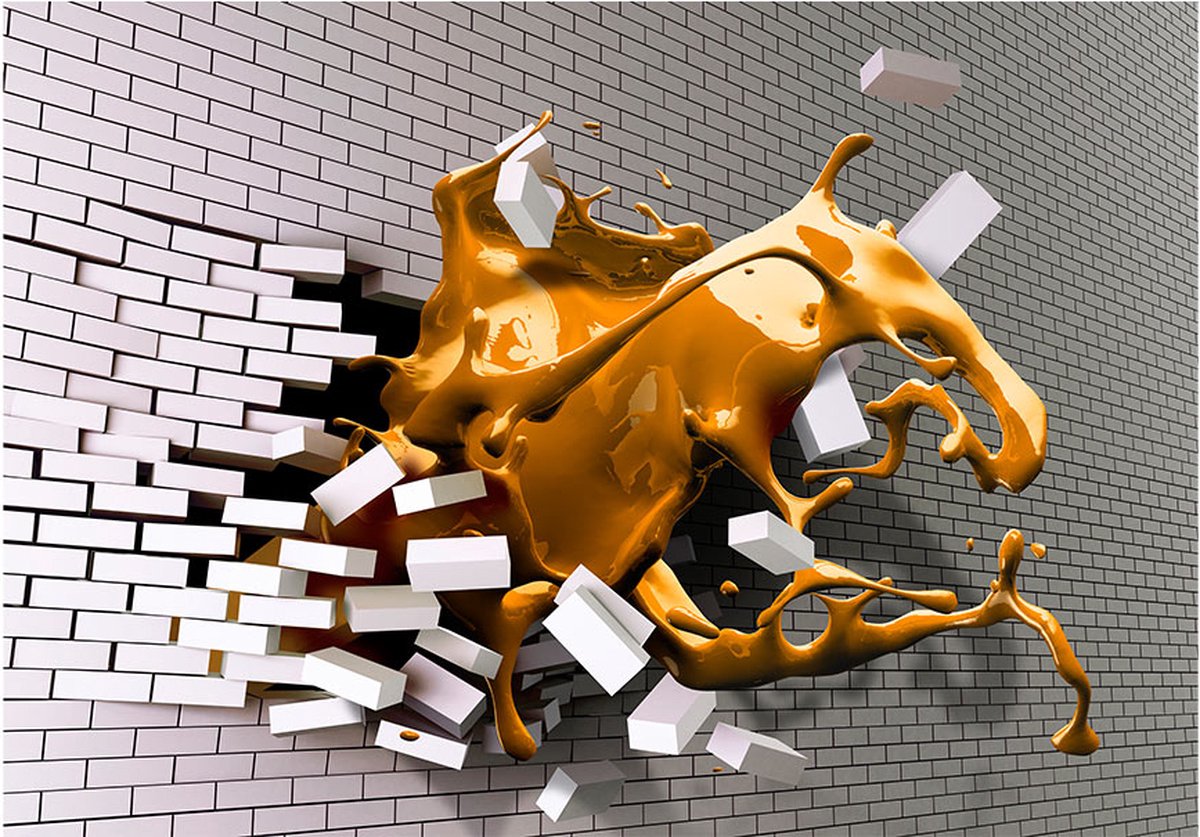 Fotobehangkoning - Behang - Vliesbehang - Fotobehang 3D Gebroken Muur - Verf - Stenen - Saffron  afflatus  - 400 x 280 cm