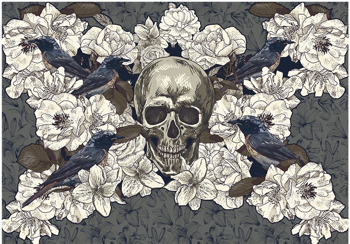 Fotobehangkoning - Behang - Vliesbehang - Fotobehang Schedel met Bloemen en Vogels - King - 400 x 280 cm