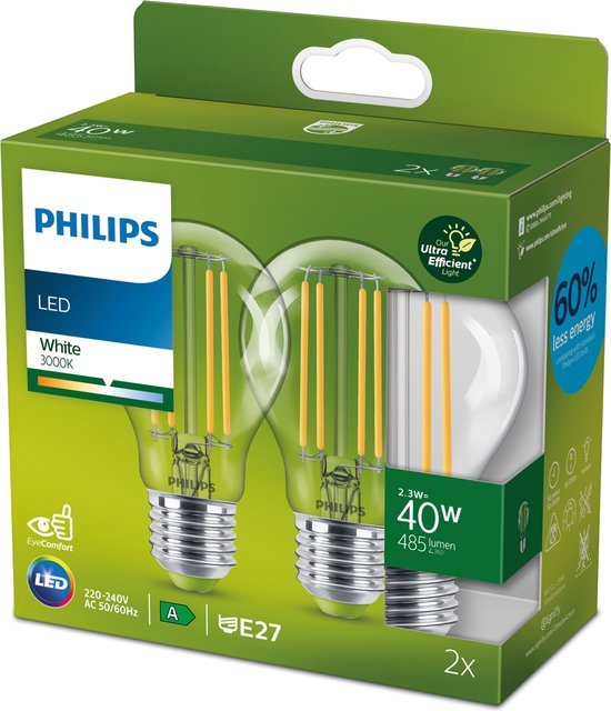 Philips energiezuinige LED lamp Transparant - 40 W - E27 - warmwit licht - 2-pack - Bespaar op energiekosten