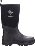 Zwarte Muck Boot Derwent II laars met een groene zool en logo op de kuit.