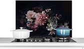 Spatscherm keuken 90x60 cm - Kookplaat achterwand Bloemen - Vintage - Pastel - Zwart - Boeket - Muurbeschermer - Spatwand fornuis - Hoogwaardig aluminium - Alternatief voor glazen spatscherm