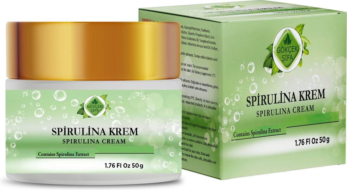 SPIRULINA CREAM - Hydraterende En Voedende Verzorgingscrème - 100% Natuurlijke Kruidenformule - Hoog Vitamine-, Mineraal-, Eiwit-, Omega-3,6,9 - Bevattend Spirulina-Extract - Antioxidant - 50 ml