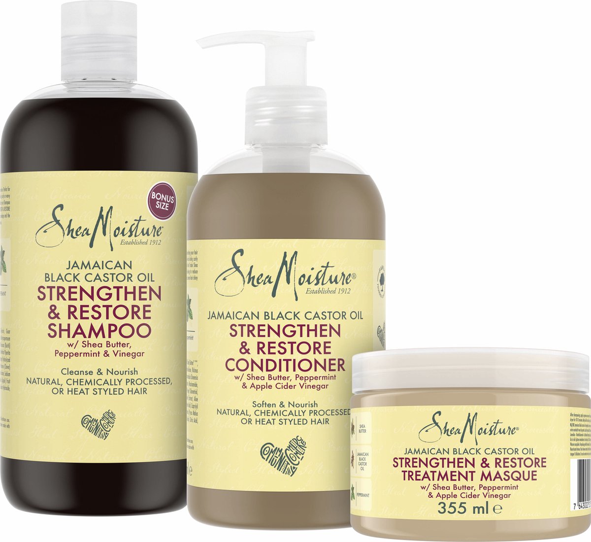 Shea Moisture Jamaican Black Castor Oil Geschenkset - Shampoo Conditioner & Haarmasker - Strenghten & Restore - Set of 3