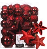 Kerstballen, kerstornamenten en piek - 56x stuks - rood - kunststof