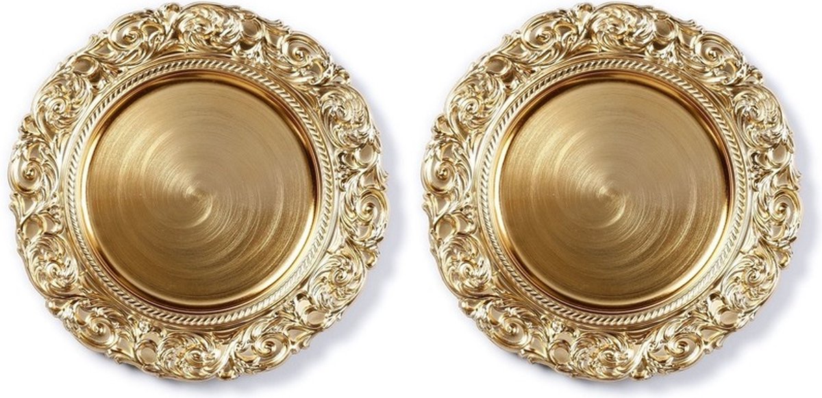 Inge Diner borden/onderborden - 2x - goud met decoratieve rand - 33 cm - rond - kaarsenbord - onderzet bord