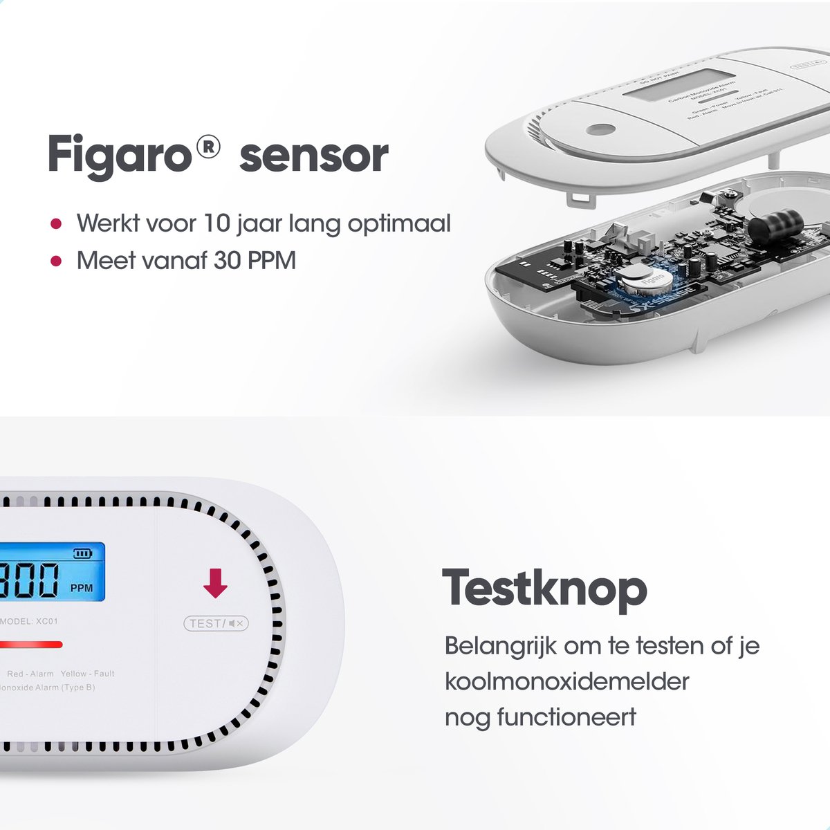 X-Sense Netwerkbare CO-melder met digitaal display, koolmonoxidemelder met verwisselbare batterij, TÜV Rheinland-gecertificeerd volgens EN 50291, CO03D-W, 1-delig set