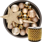 33x st kunststof kerstballen en piek-goud-champagne-bruin -en kralenslinger