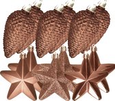 Decoris Kersthangers - 12 ST - Dennenappels en sterren kerstornamenten - kunststof - bruin