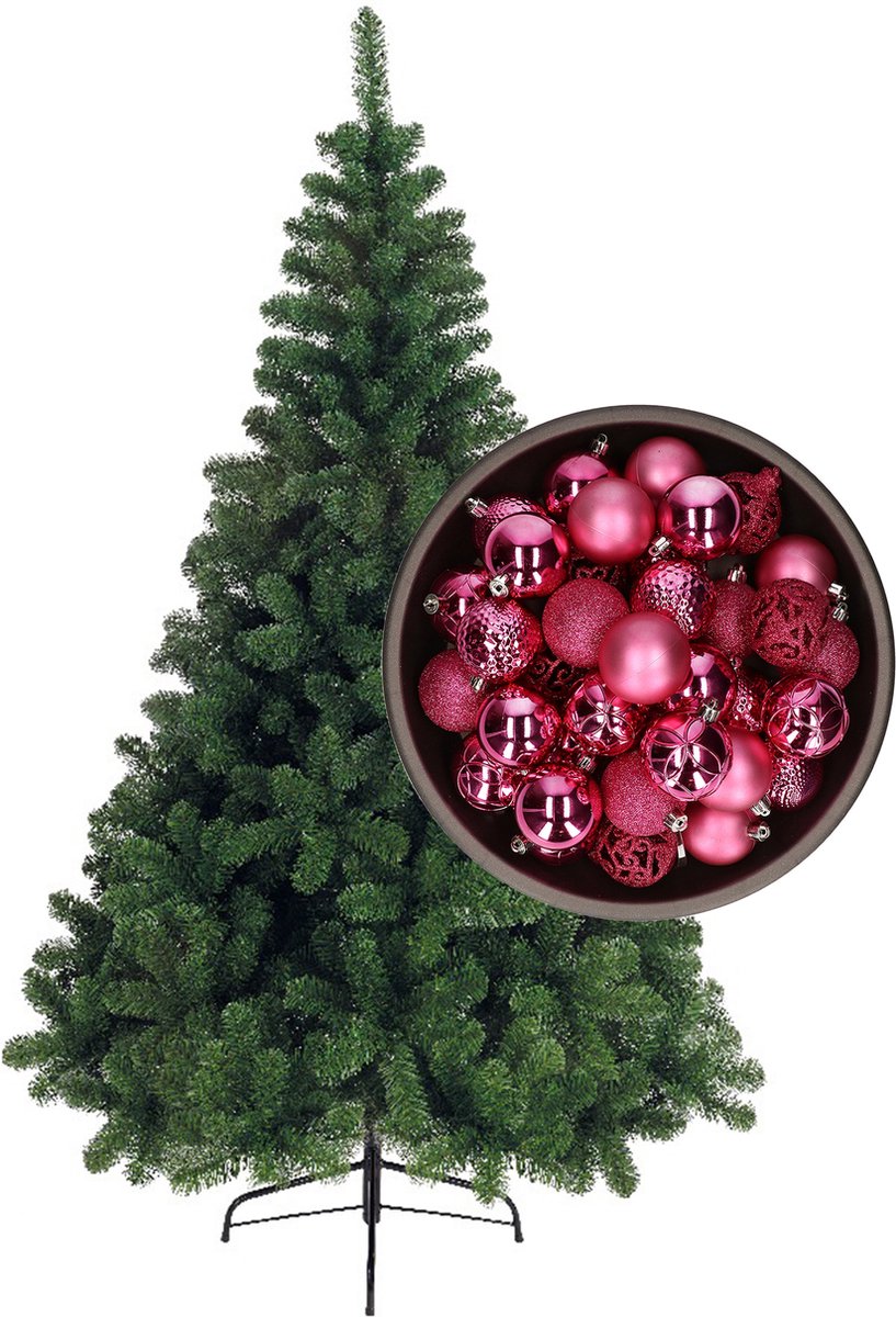 Bellatio Decorations kerstboom H120 cm - met kerstballen fuchsia roze