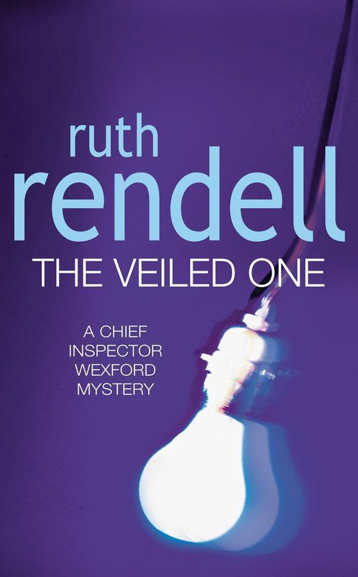 Boek "The Veiled One" van Ruth Rendell. Een gloeilamp aan een draad met de titel en auteursnaam.